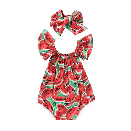 Cute Newborn Baby Girls Romper Watermelon Clothes Bodysuit Jumpasuit+Headband Outfits