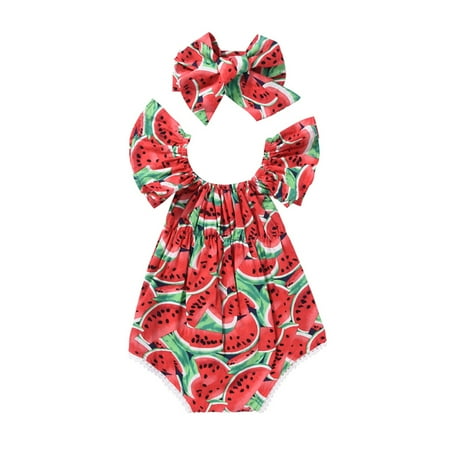 Cute Newborn Baby Girls Romper Watermelon Clothes Bodysuit Jumpasuit+Headband Outfits