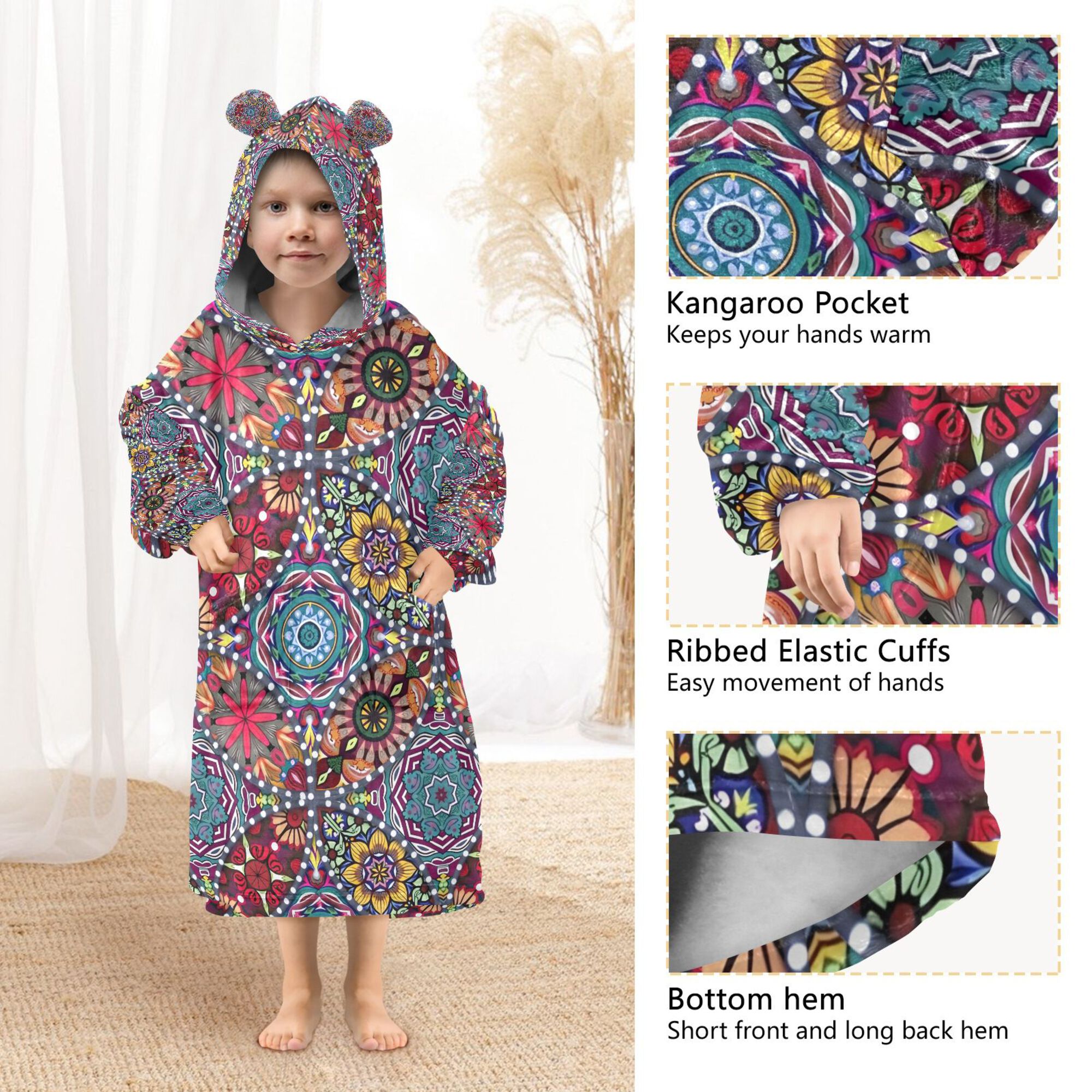 FORMRS Wearable Blanket Hoodie with Sleeves for Kids Cozy Flannel Sweatshirt, Colorful Mandala Pattern