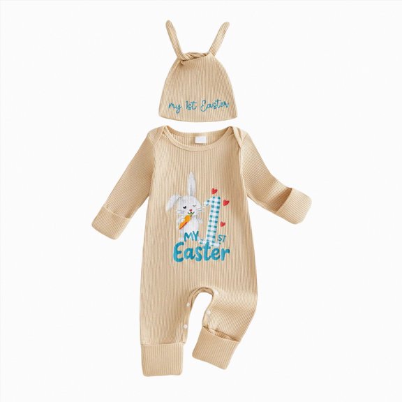 HCNTES Baby Boy Easter Outfits Complete My 1st Easter Bodysuit, Suspender Pants and Hat 3-Piece Set Baby Boy Easter Clothes