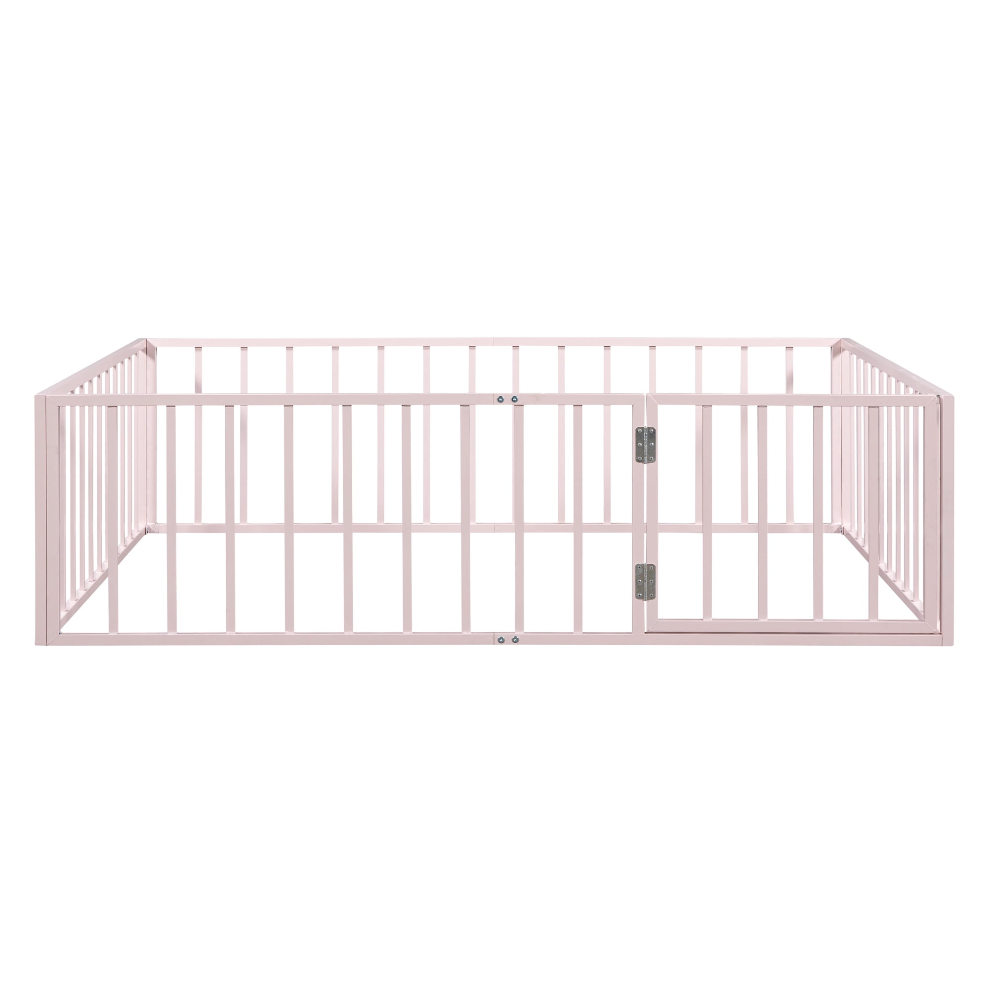 Full Size Floor Bed with Fence and Door, Low Profile Metal Montessori Bed Frame with Slats Supports,Easy Assembly, No Box Spring Needed,Pink
