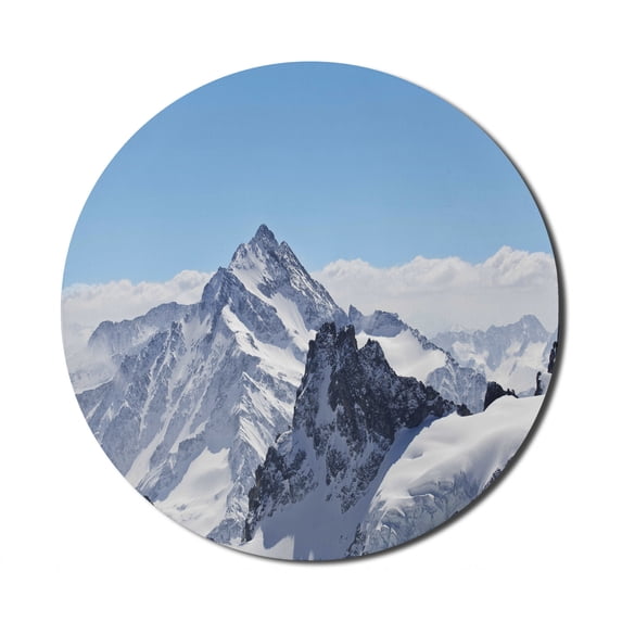 Winter Mouse Pad for Computers, Snowy Rocky Mountain Peaks Tops Scene High Lands Icy Frozen Swiss Outdoor Art, Round Non-Slip Thick Rubber Modern Mousepad, 8" Round, Blue and White, by Ambesonne