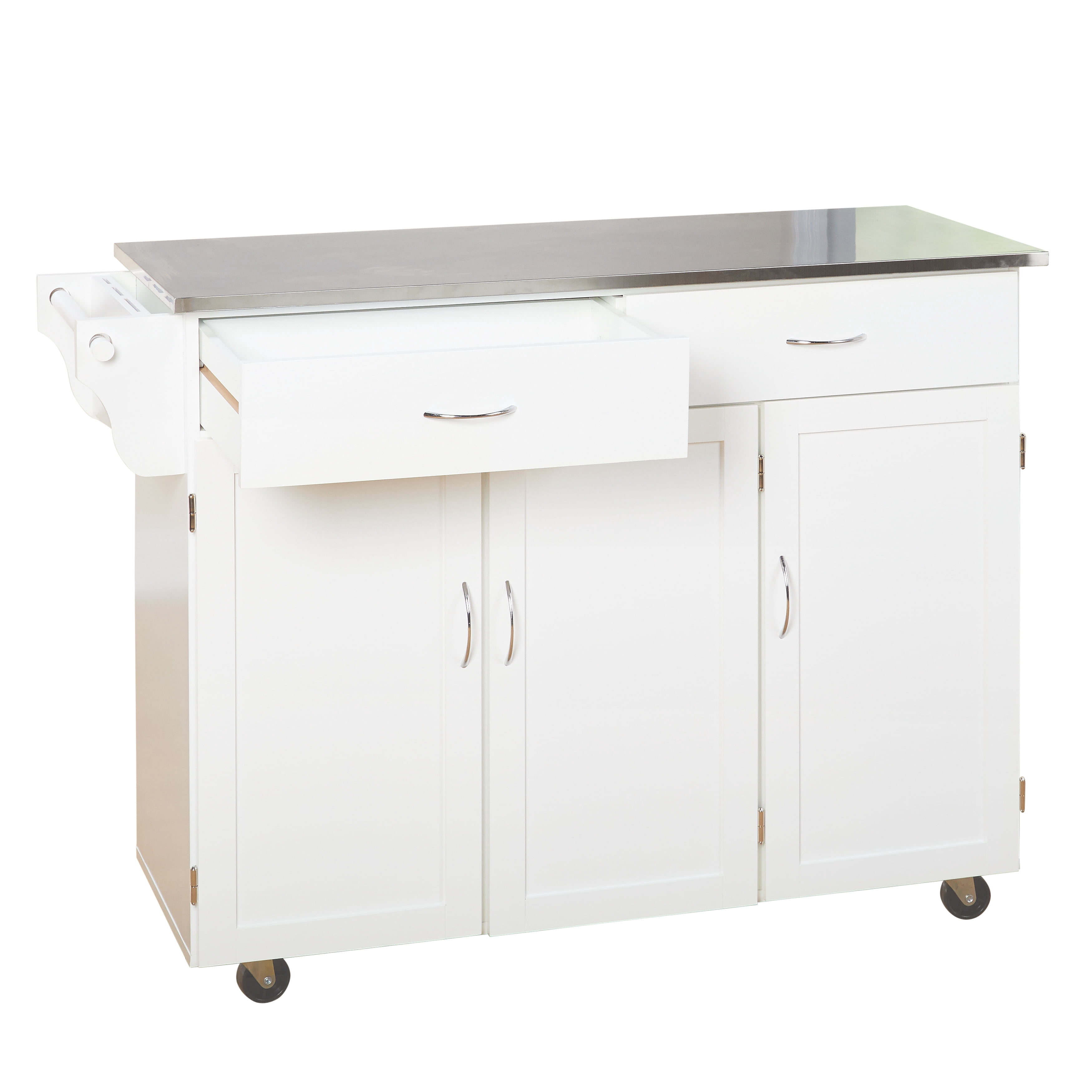 TMS Extra Large Rolling Kitchen Cart with Stainless Steel Top, Cabinets, Drawers, Adjustable Shelf, and Knife Block, White