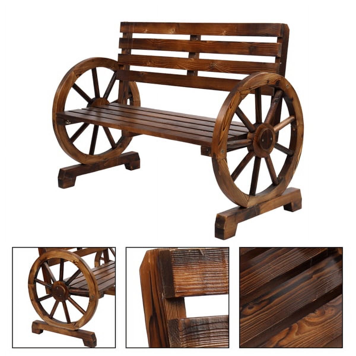 Rustic 2-Person Wooden Wagon Wheel Bench with Slatted Seat and Backrest for Patio Garden, Brown