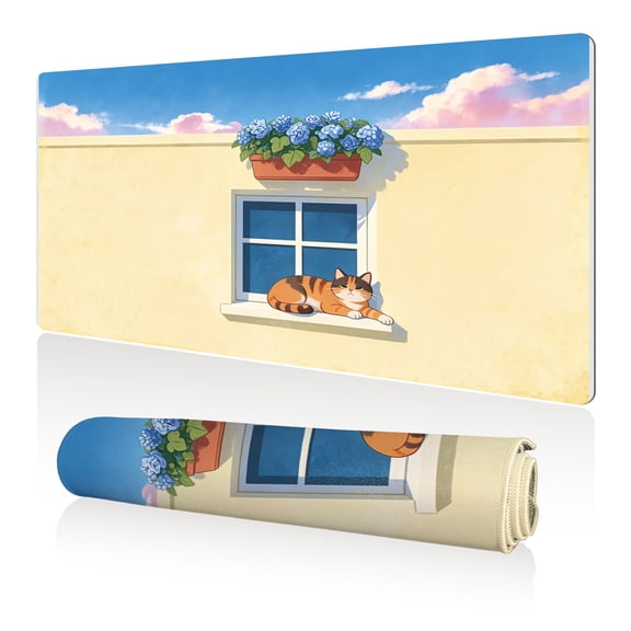 LIVEKEY Mouse Pad 80x40cm Extra Large Non Slip Stitched Durable Easy Clean Cat on Window Sill Hydrangeas Blue Sky for Gaming Office