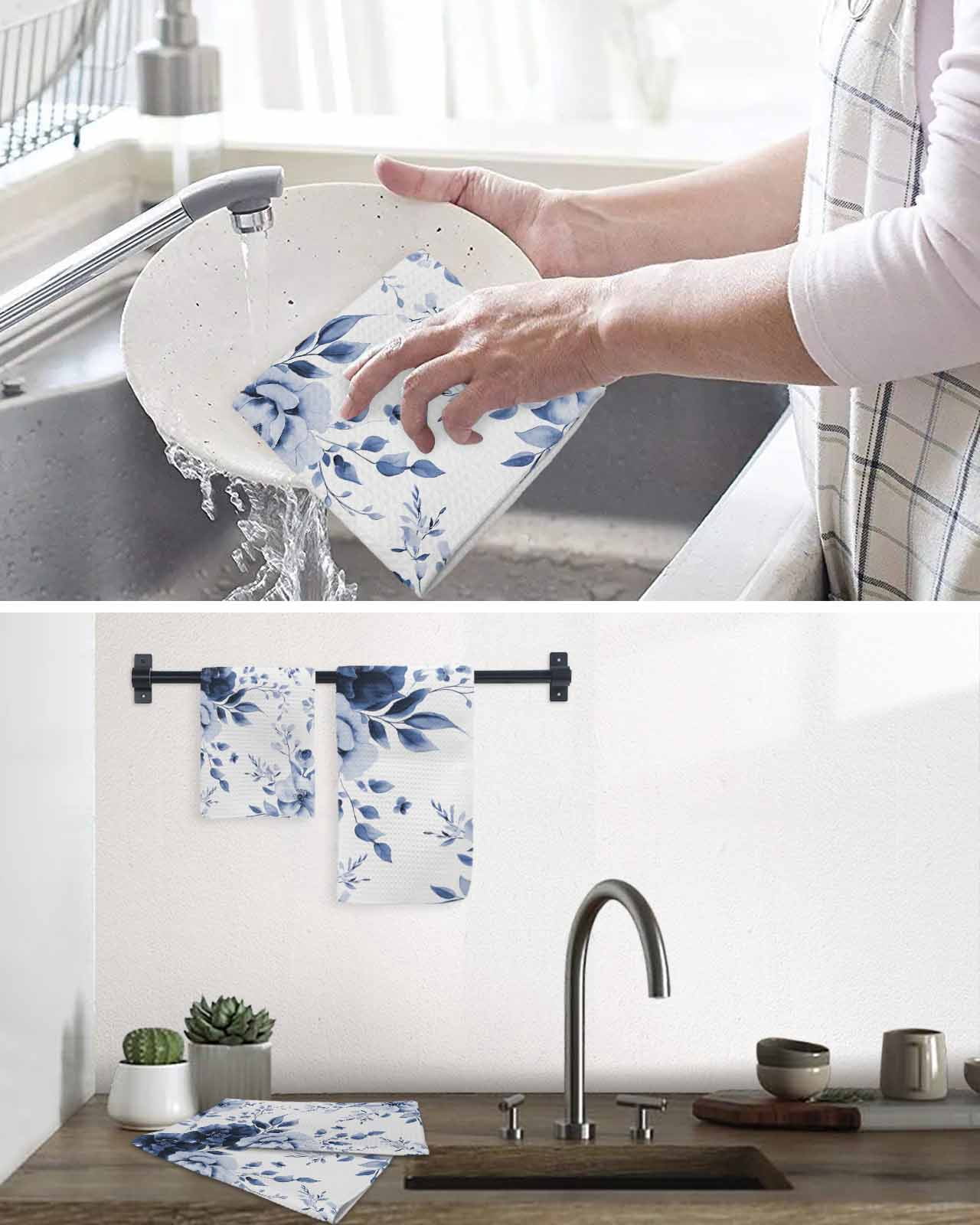 Blue Floral Art Kitchen Dish Towels for Drying Dishes Set of 4, Watercolor Botanical Spring Flowers Waffle Weave Microfiber Terry Hand Tea Bathroom Towels Quick Dry & Absorbent Towel 15.7x23.6