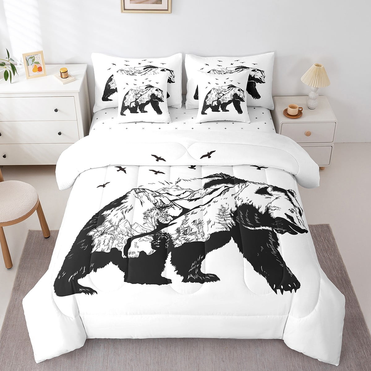 YST 7Pcs Black Bear Comforter Sets Full Size 3D Hand Drawn Sketch Bear Comforter Set Bed in a Bag 1 Comforter 1 Flat Sheet 1 Fitted Sheet 2 Pillowcases and 2 Throw Pillow Covers Walmart