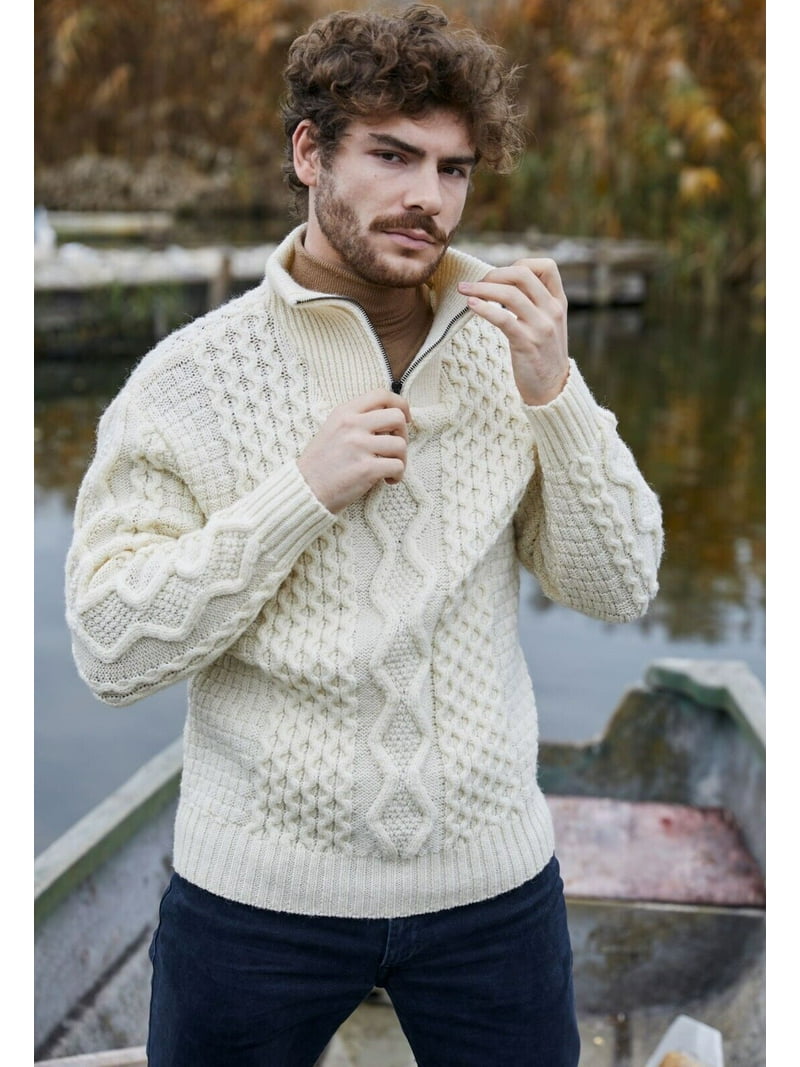 SAOL Aran Irish Fisherman Sweater Men's 100% Merino Wool Zip Neck
