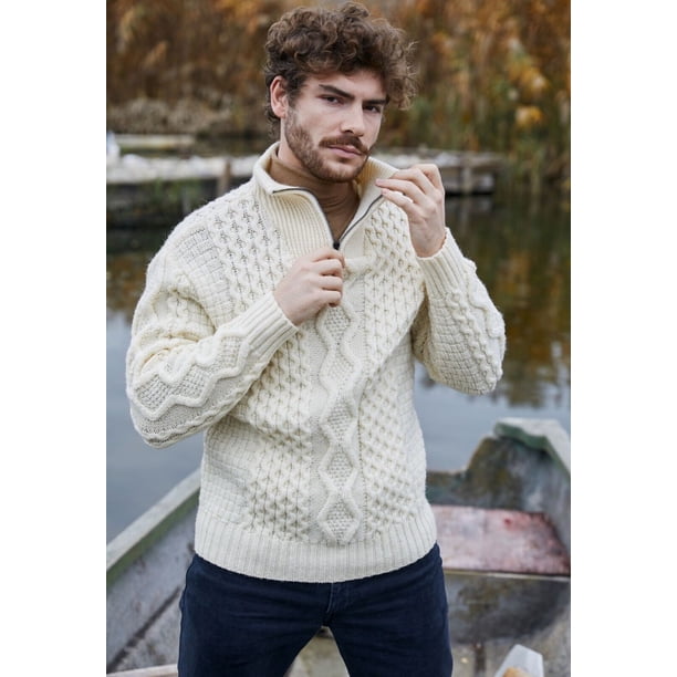 IRISHMAN ホワイト セーター SAOL Aran Irish Fisherman Sweater Men's 100% Merino Wool Zip Neck