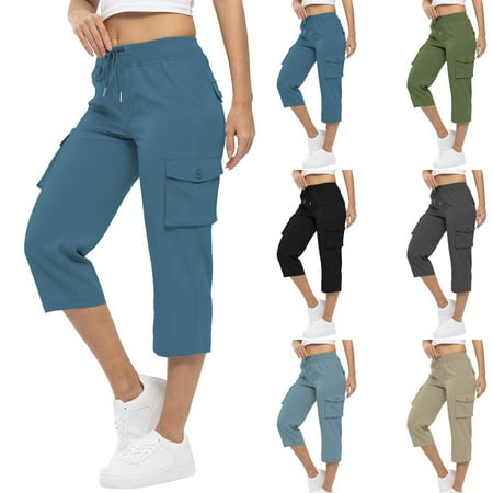 GXIPO Women s Cropped Cargo Capris Quick Dry Outdoor Hiking Pants Elastic Knit Waist Casual Summer Shorts Black 3XL