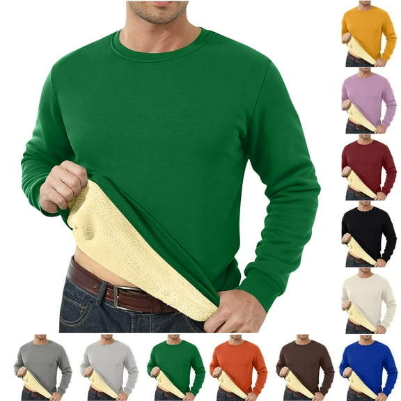 Hipattires Mens Fleece T-Shirts Pullover Thicken Thermal Plain Trendy Base Layer Winter Round Neck Stylish Tops for Men Long Sleeve