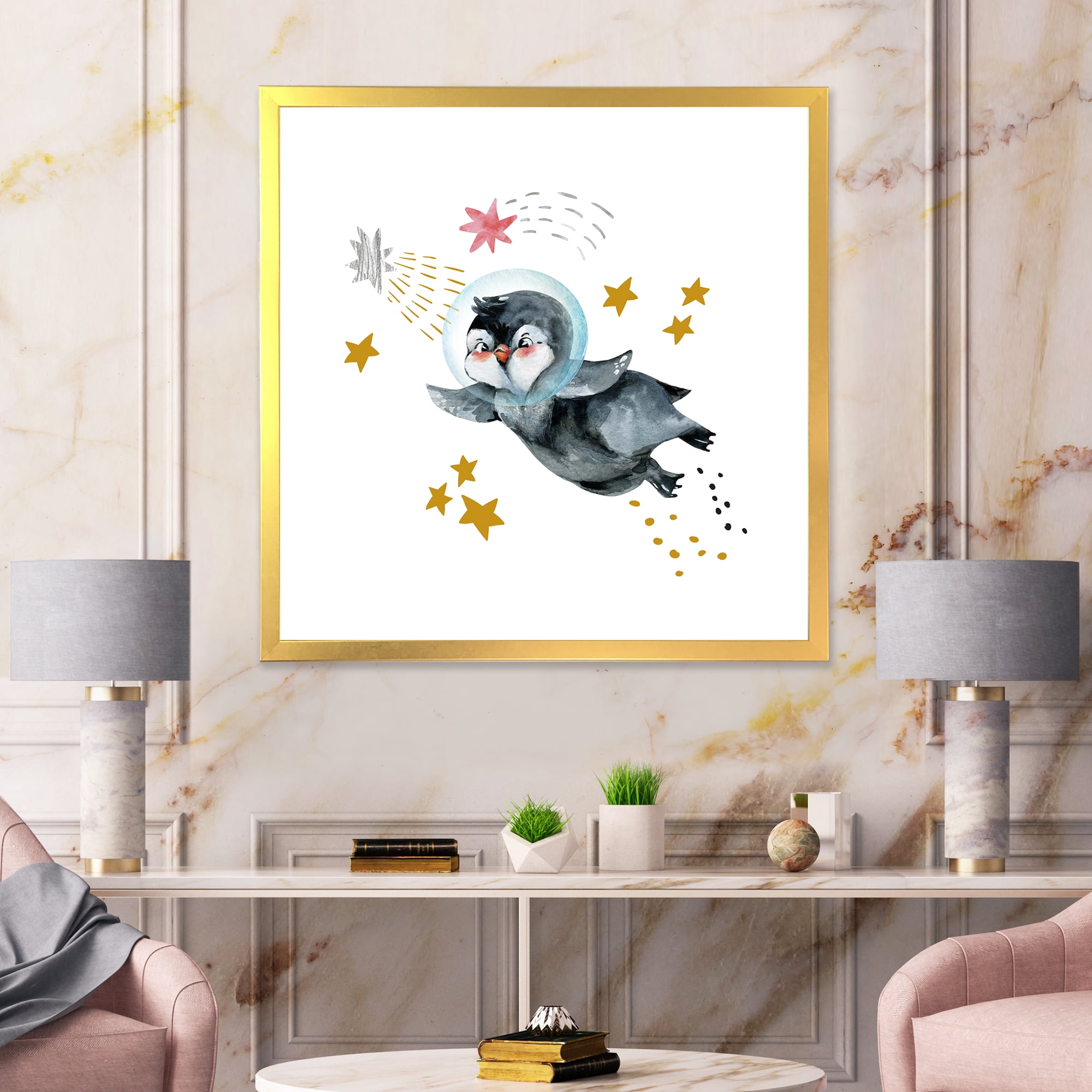 Designart 'Little Penguin Flying Planets and Stars I' Farmhouse Framed Art Print