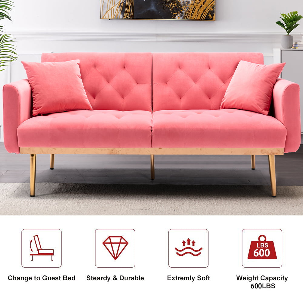  SSLine Velvet Futon Couch,64inch Mid Century Sofa Couch 2 Small  Pillows,Modern Upholstered Loveseat Sofa Accent Sofa with Rose Gold Metal  Feet,Folding Sofa Bed for Living Room Bedroom : Home & Kitchen
