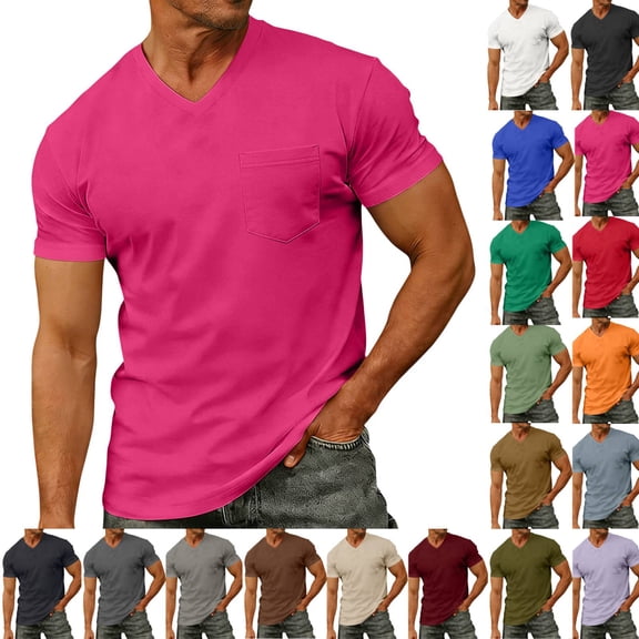 T-Shirts Mens Short Sleeve Pocket Tee Shirt Casual V Neck Soft Basic T Shirts Hot Pink S