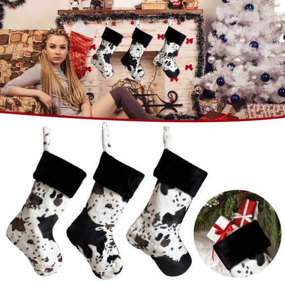 2025 New Christmas Cow Print Stockings 20 Inches Decorations Large Christmas Cow Print Ornaments Stockings Soft Cow Pattern Xmas Socks for Family Holiday Birthday Party Decorations Gift