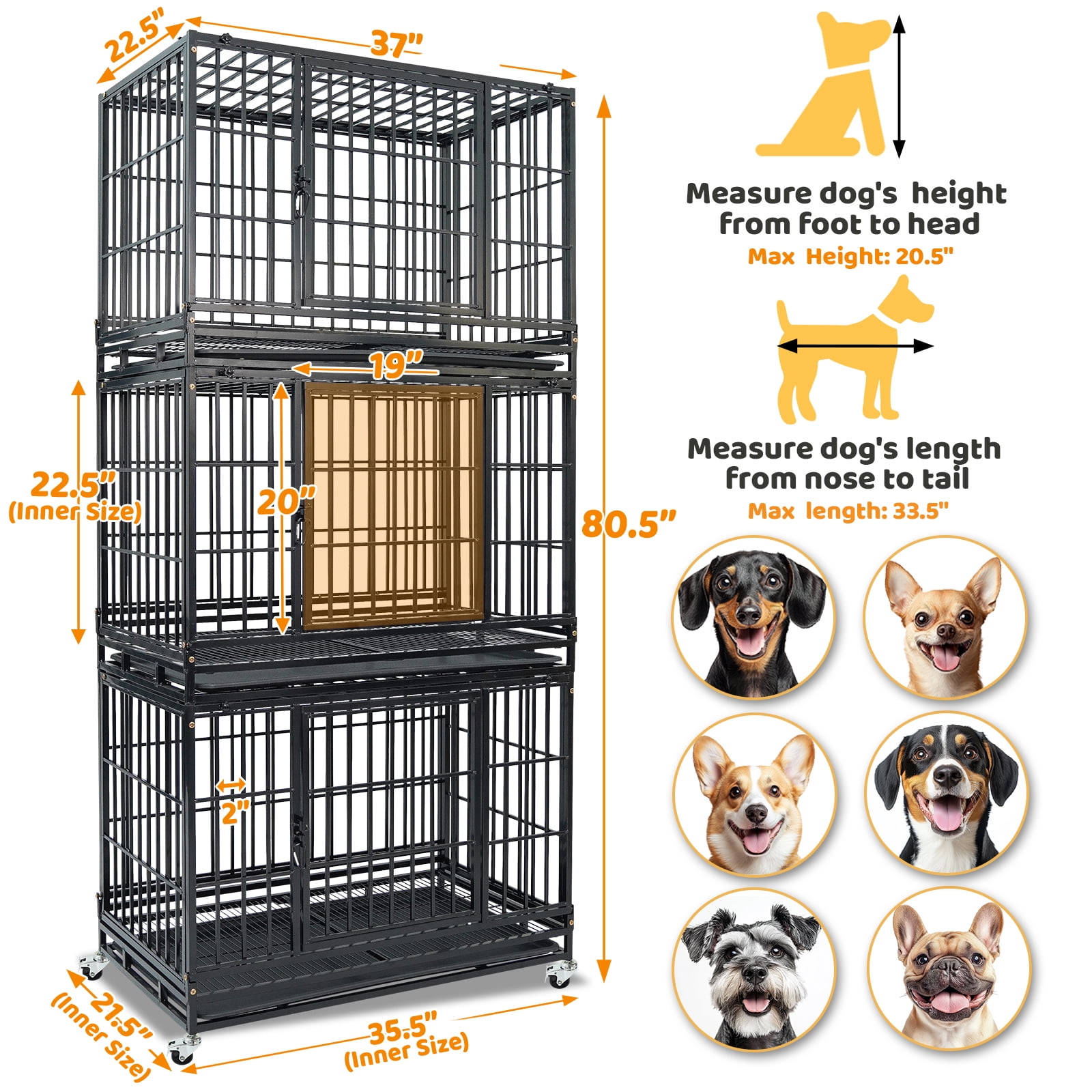 Homey Pet Stackable 36 Inch Dog Crate, Heavy Duty 3-Tier Dog Cage Escape Proof Collapsible Kennel with Open Top, Lockable Wheels, Removable Tray & Grid for Medium/Small Dogs