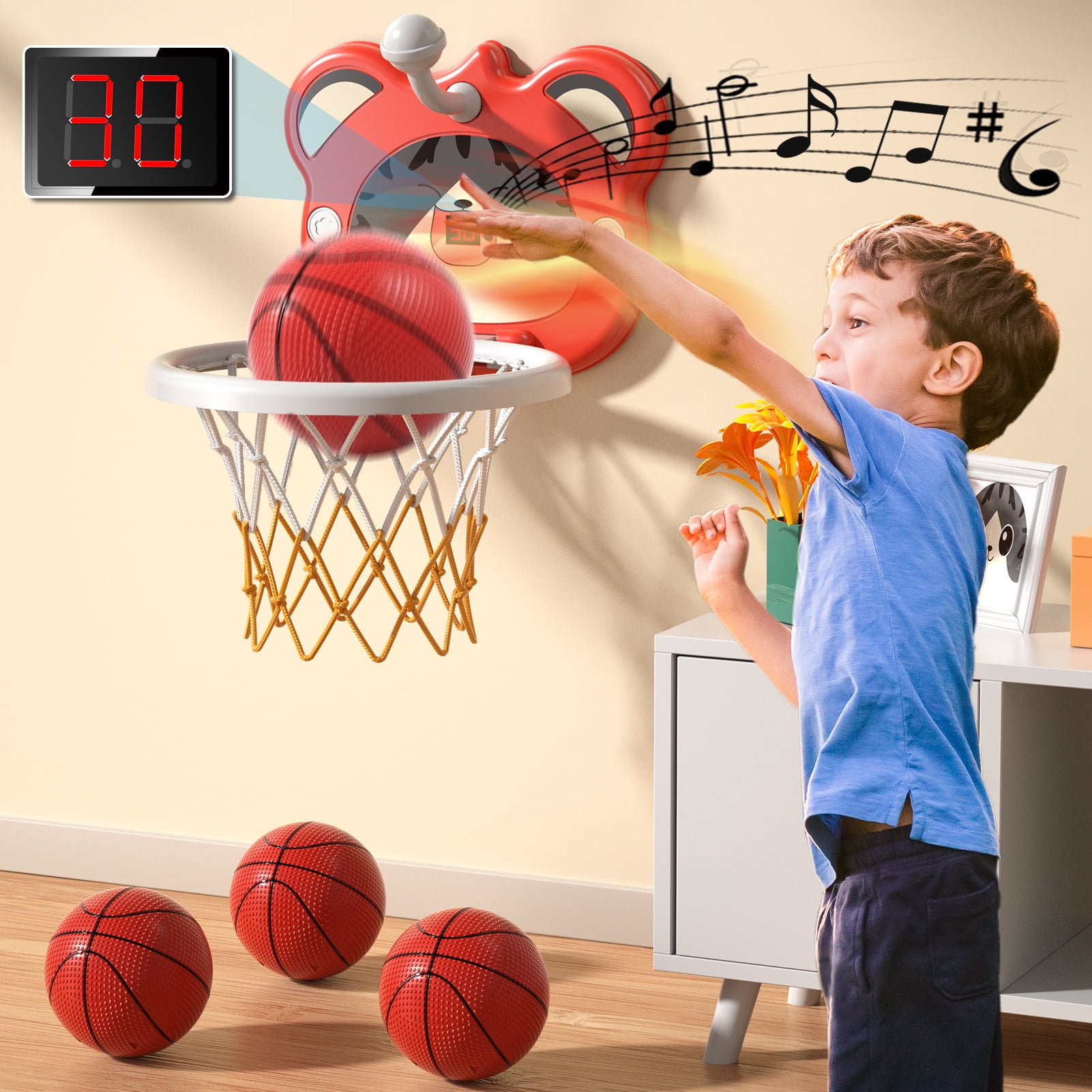 iHaHa Indoor Over Door Basketball Hoop with 4 Basketballs, Pump, Scoreboard, for Kids 3-6 Years Old