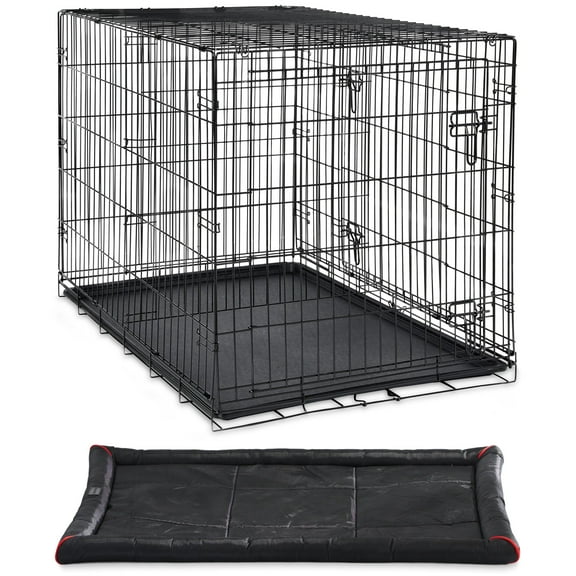Vibrant Life Wire Dog Crate, Double-Door, Divider and Leak-Proof Tray, Metal, Foldable, Durable, Black, 42" with Durable and Water-Resistant Crate Mat, Black, 42"