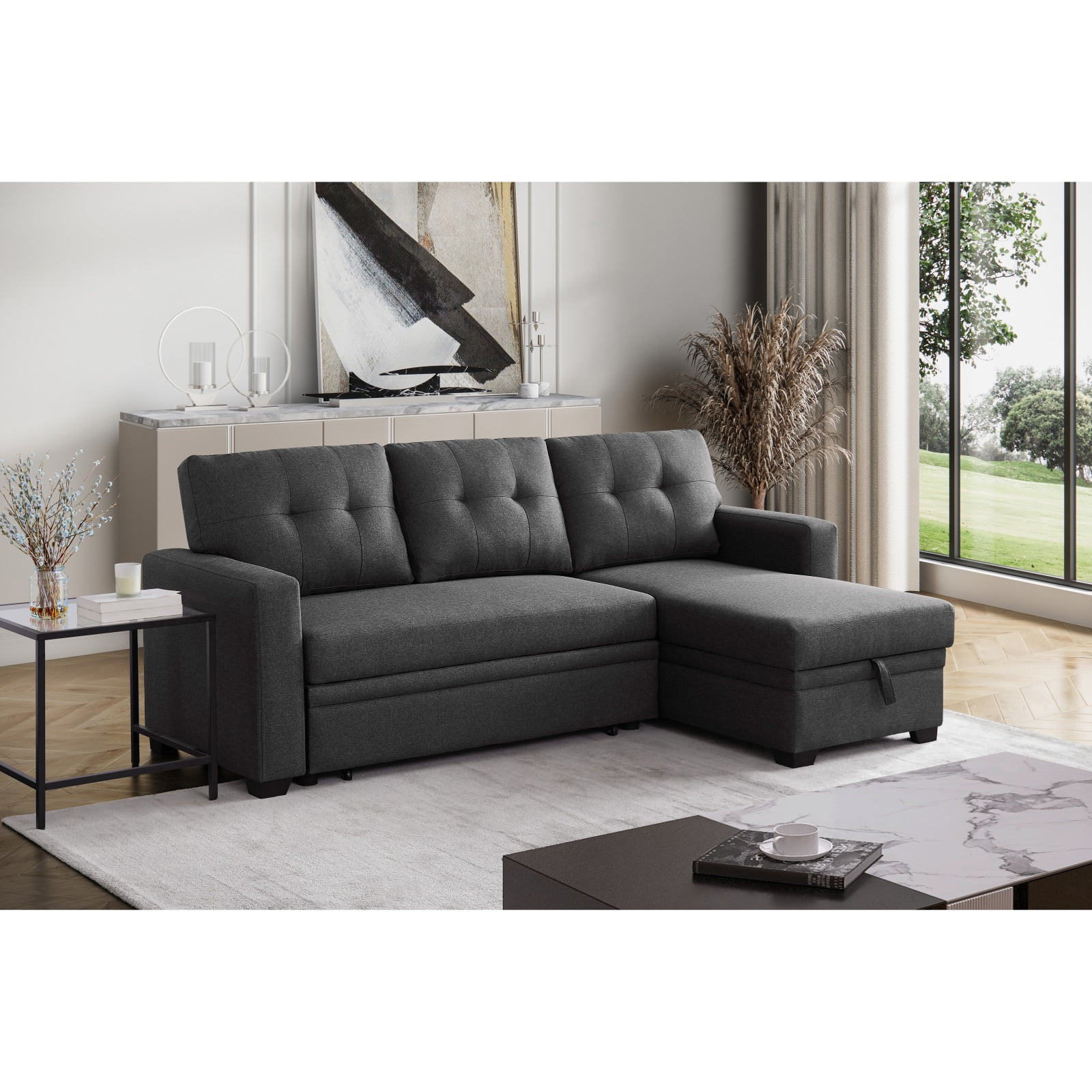 Hommoo 2 in 1 Pull Out Sofa Bed with Storage & Chaise, Linen Upholstered Sectional Sofa Convertible L Shaped Sleeper Sofa for Home,Dark Gray