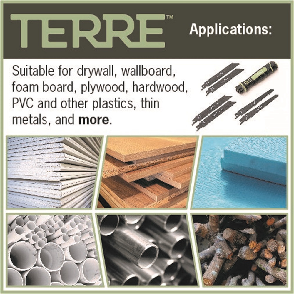 Terre Products, Adjustable Blade Hand Saw, Jab Saw, Drywall Saw, Reciprocating Blades, 2 Wood (6 TPI), 2 Plastic (18 TPI), 2 Bi-Metal (24 TPI), Cuts Metal, Wood, Sheetrock, Plywood, Plastic