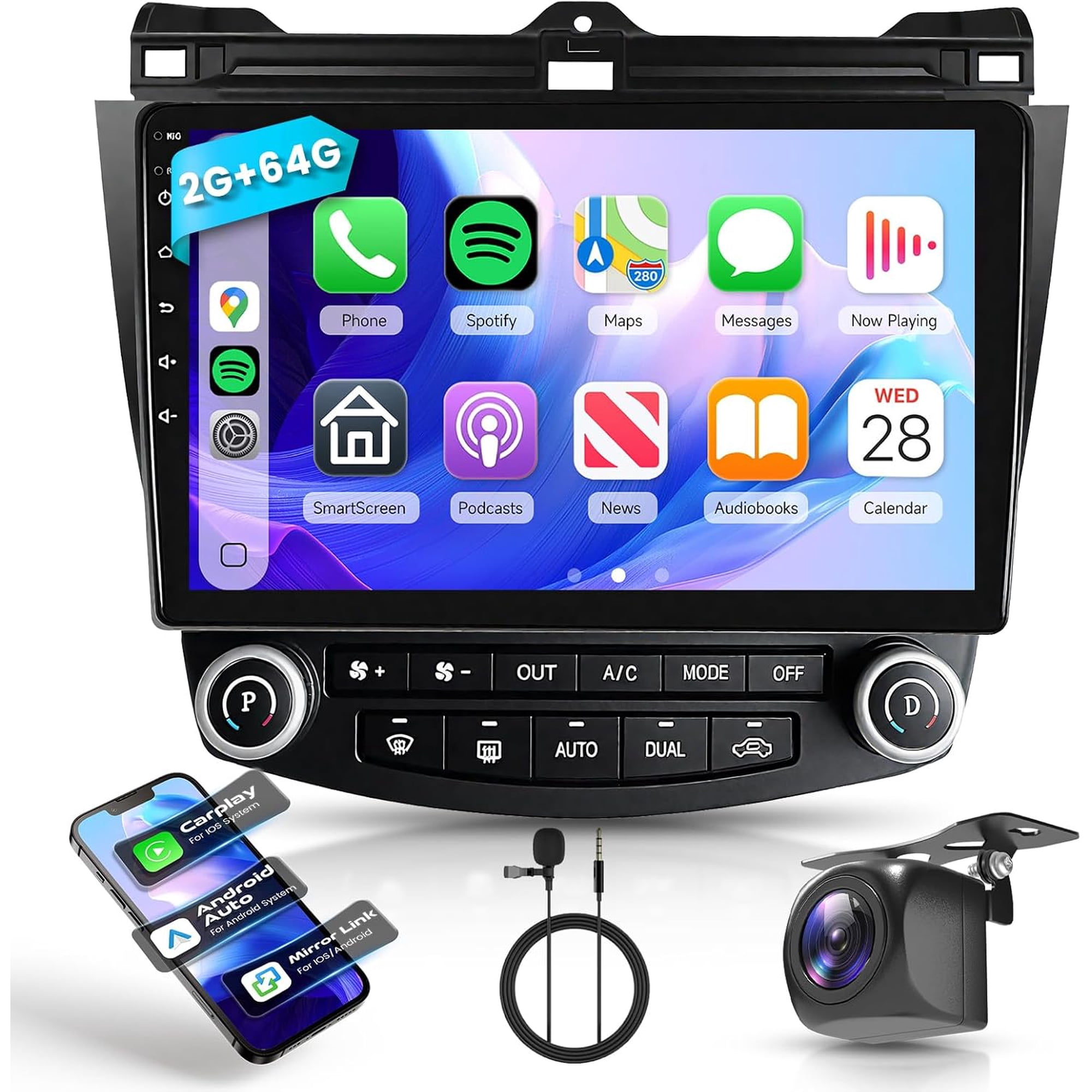 for Honda Accord 7th 2003-2007 Android Car Stereo with Wireless Carplay/Android Auto 10.1" Touchscreen Autoradio Support WiFi GPS Navigation Backup Camera SWC FM/RDS Radio 2G+64G