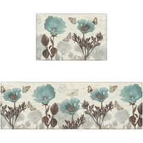 Vintage Teal Tulip Kitchen Rugs Set of 2,Elegant Floral Farmhouse Flowers Rustic Brown Washable Bath Shower Door Welcome Runner Area Rug Mat Carpet for Bedroom Bathroom Living Room Accent Throw,Large