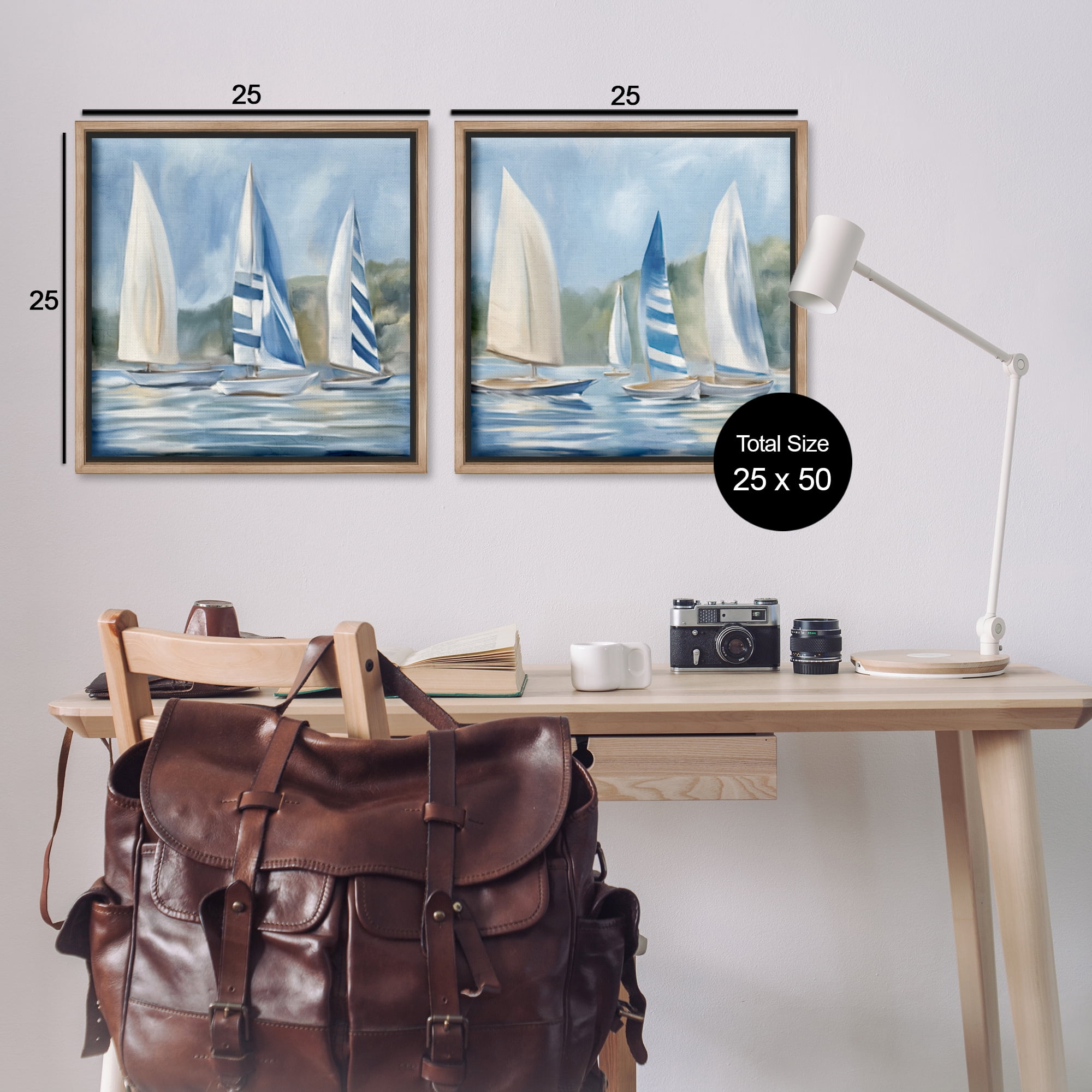 Stupell Industries Sailboats on Calm Water Nautical & Beach Painting Brown Floater Framed Canvas Art Print Wall Art, 25 x 25, Set of 2