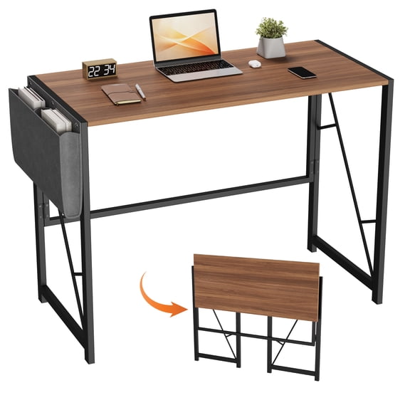Garvee 39.4'' Folding Computer Desk, with Storage Bag & Hook, Study Writing Desk for Home Office, Brown
