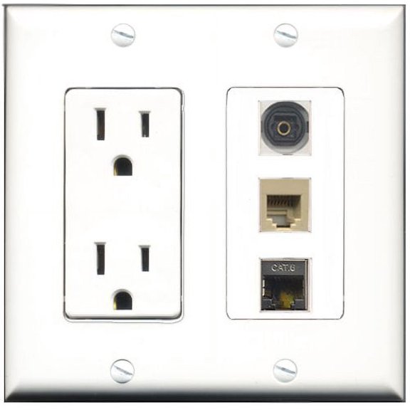 RiteAV - 15 Amp Power Outlet 1 Port Phone Beige 1 Port Shielded Cat6 Ethernet Ethernet 1 Port Toslink Decorative Wall Plate