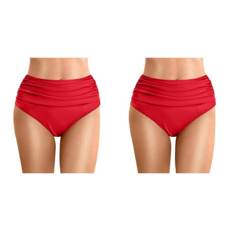 2 Pack Women Plus Size High Bathing Suit Set with Shorts Waist Bikini Bottoms Swim Briefs Beach Shorts Ruched Bottom High Cut Swim Bottom Full Coverage Swimsuit