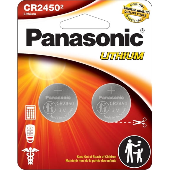 Panasonic CR2450 3V long-lasting lithium coin cell batteries, packaged in child-resistant, standards-compliant packaging, 2-pack.