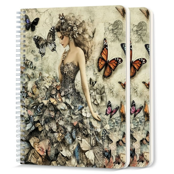 Spiral Journal Notebook,50 Sheets A5 College Ruled Notebook/Journal 2 Pcs for School Office Home - Beautiful Woman in Intricate Dress Surrounded By Butterflies