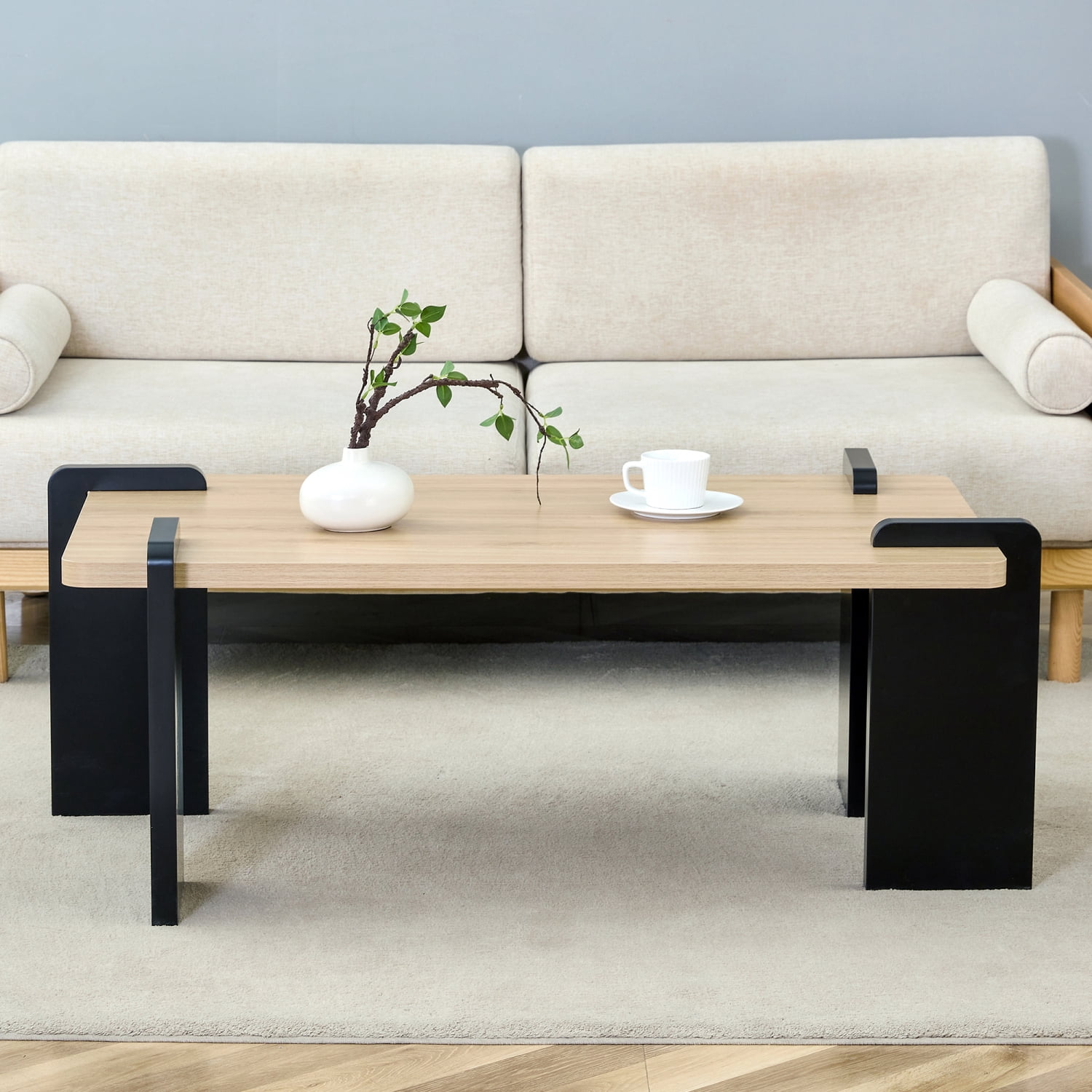 Natural Wood Colored MDF Coffee Table Modern Minimalist Living Room Furniture, 39.3*23.6*17.7 inches, Light Wood Grain Design