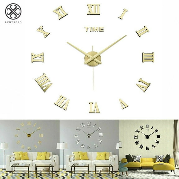 Luxtrada Frameless Wall Clock, Large Modern 3D Mirror Wall Clock Mute Diy Wall Stickers For Living Room Bedroom Home Decoration (Gold)