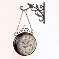 Metal Clock Double Sided Bird Round Wall Mount Hanging Home Decor Antique Outdoor Garden Wall Station