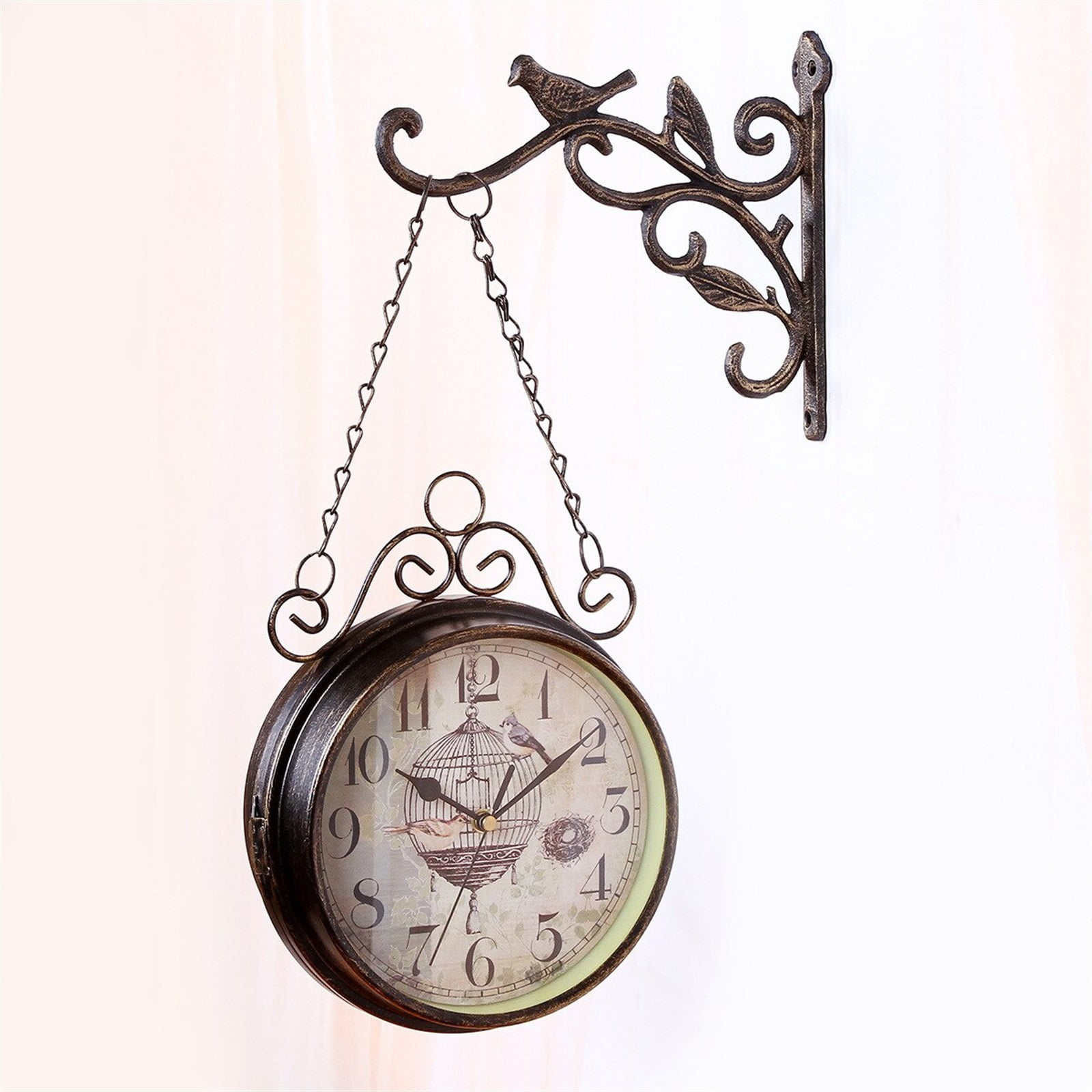 Metal Clock Double Sided Bird Round Wall Mount Hanging Home Decor Antique Outdoor Garden Wall Station