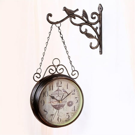 Metal Clock Double Sided Bird Round Wall Mount Hanging Home Decor Antique Outdoor Garden Wall Station
