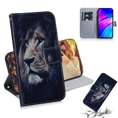 Lion Pattern Coloured Drawing Horizontal Flip Leather Case for Xiaomi Redmi 7, with Holder & Card