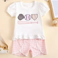 thumbnail image 2 of NOLDARES Baby Girl Summer Outfit Short Sleeve Embroidery Plaid baseball Print T-shirt Toddler Girl Summer Clothes Short Set(A1-Pink,6-12 Months), 2 of 9