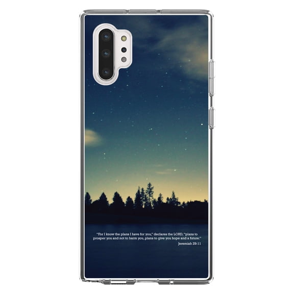DistinctInk Clear Shockproof Hybrid Case for Galaxy Note 10 PLUS (6.8" Screen) - TPU Bumper, Acrylic Back, Tempered Glass Screen Protector - Night Sky Lake Jeremiah 29:11 - Christ