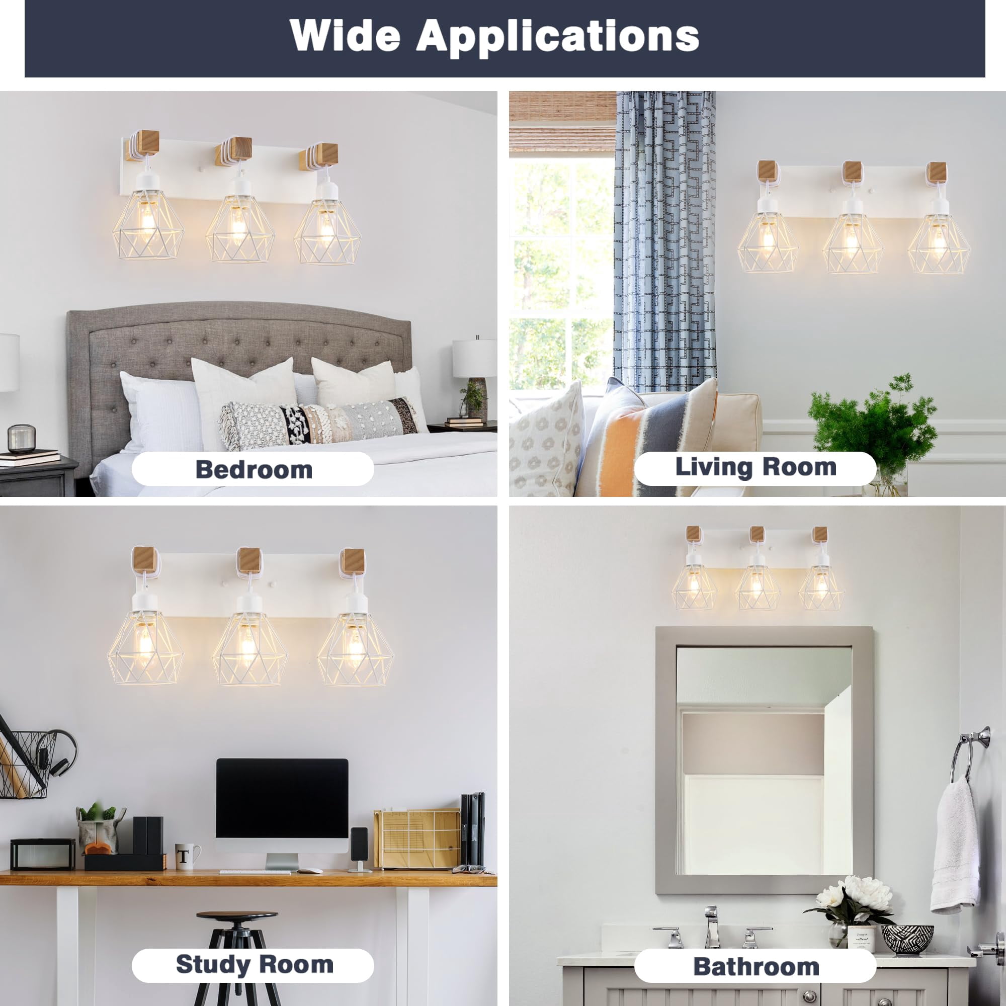 White Bathroom Vanity Light Fixtures  3-light Wood Over Mirror Rustic Sconces Wall Lighting With Elegant Metal Lampshade For Living Room Bedroom Hallway