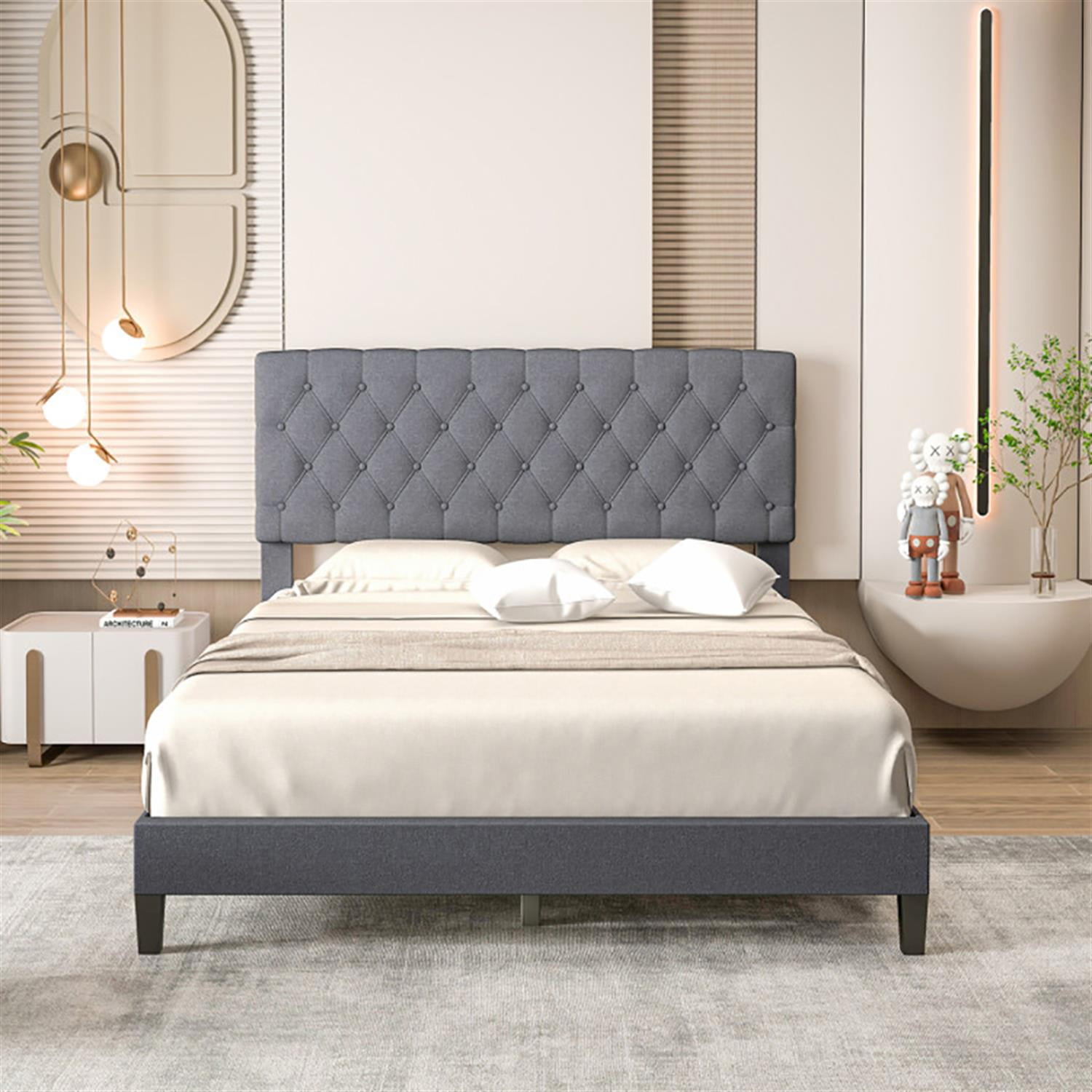 Demi Bonn Queen Size Upholstered Platform Bed Frame with Button Tufted Headboard and Wooden Slats Support, Fully Upholstered Mattress Foundation, Gray