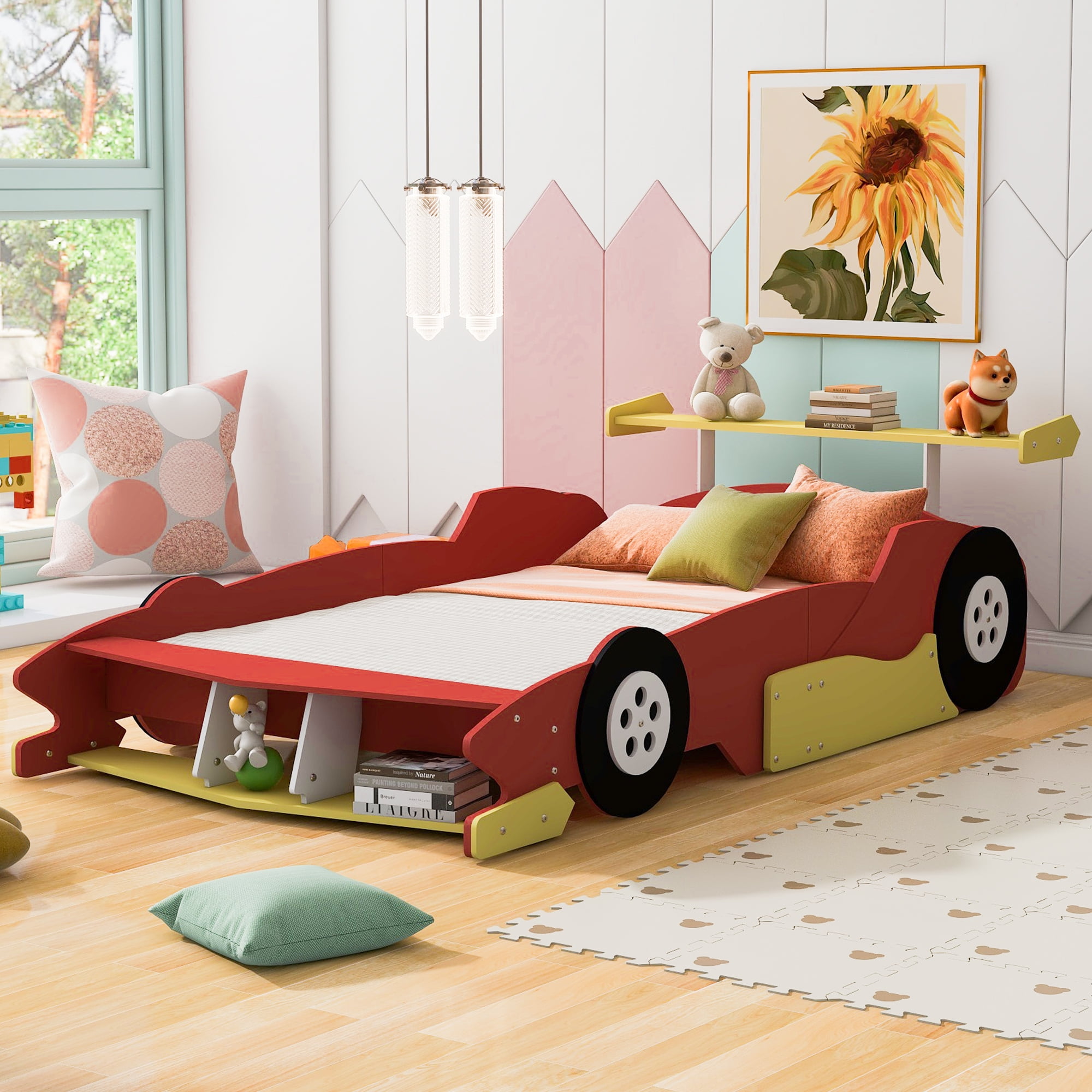 Full Size Race Car-Shaped Platform Bed with Wheels, Unique Race Car Design with Side Rails, Sturdy Plywood Construction, No Box Spring Needed, for Bedroom, Red