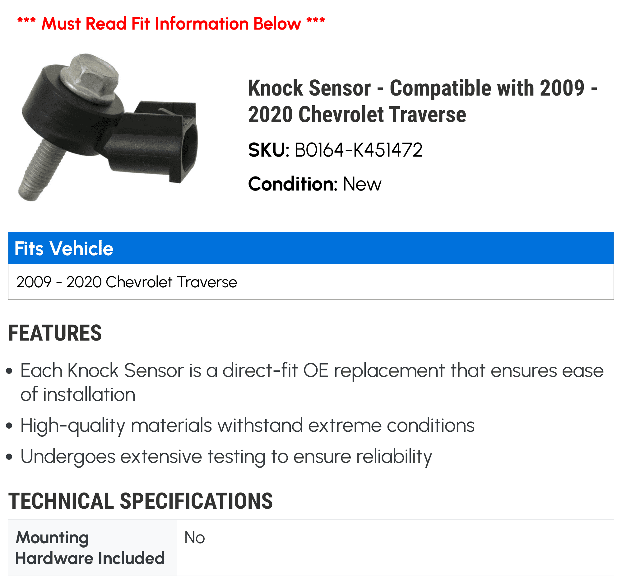Knock Sensor - Compatible with 2009 - 2020 Chevy Traverse 2010 2011 2012 2013 2014 2015 2016 2017 2018 2019