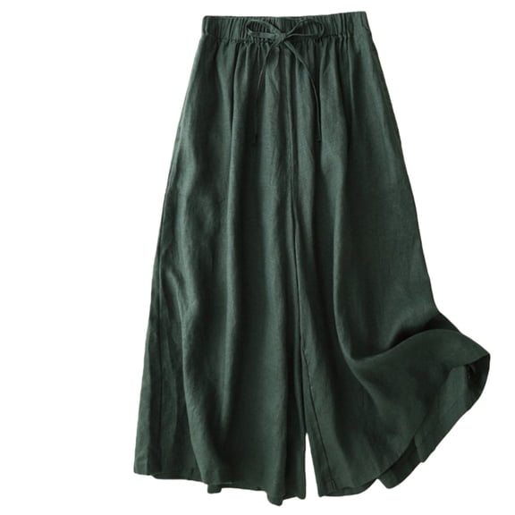 Soyumi Women's Cotton Linen Culottes Pants Elastic Waist Wide Leg Palazzo Trousers Capri Pant Boho Casual Summer Harem Lounge Trouser Outfit, Blackish Green