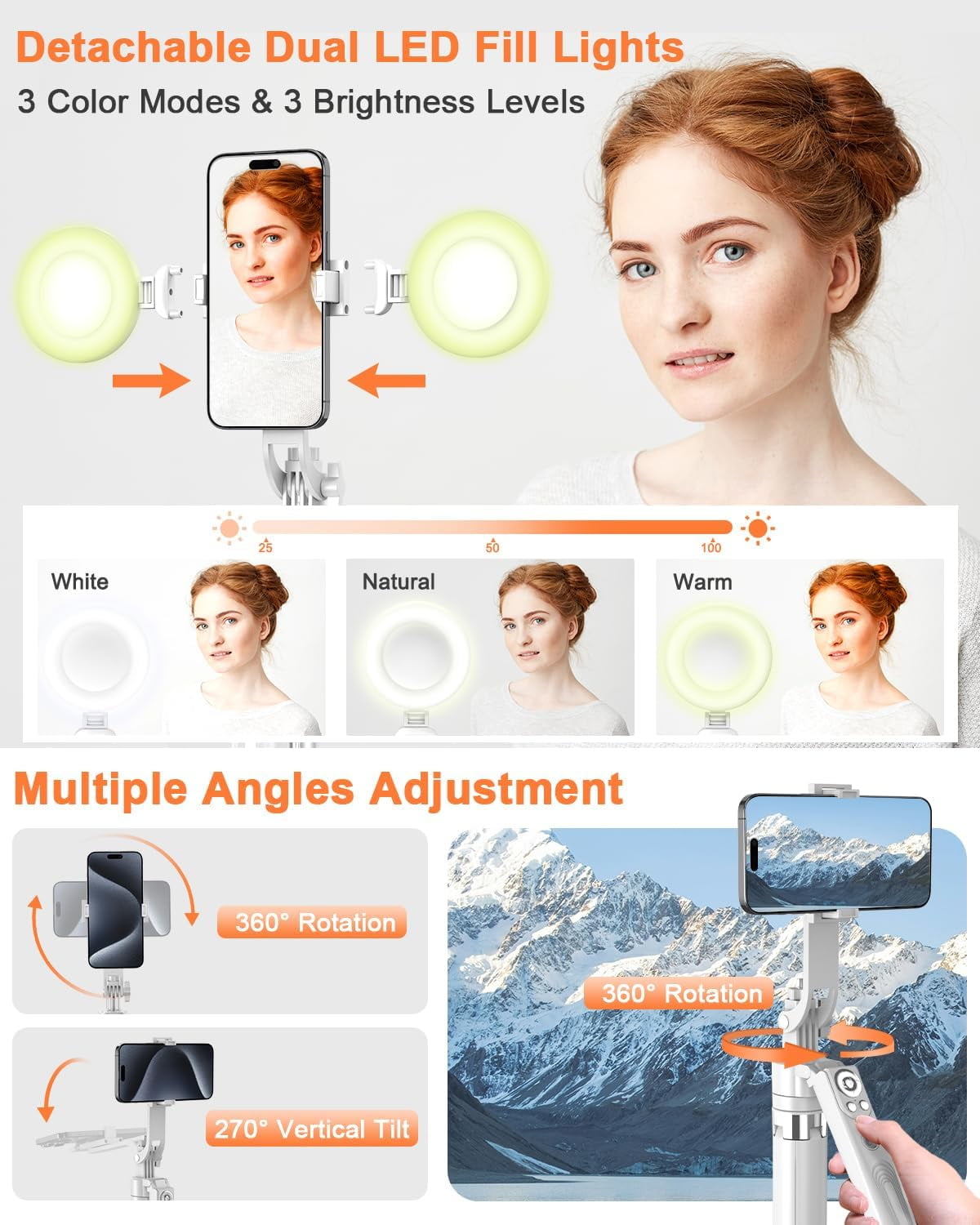 Ahot 71” Auto Face Tracking Tripod for iPhone with Light,360° Rotating Phone Stand with Rechargeable Remote Control for TikTok Vlog, Phone Tripod for Android Camera/GoPro/Ring Light (White)