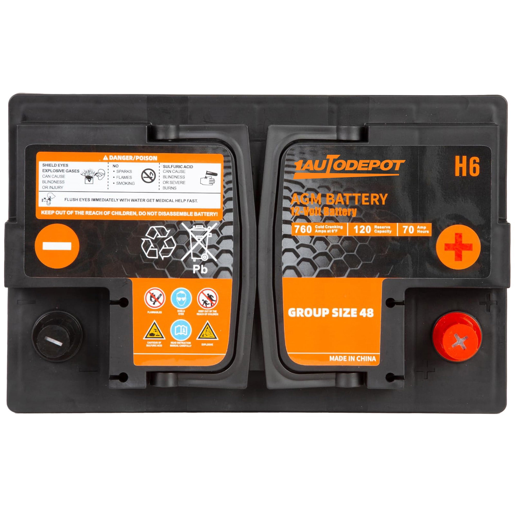 1AUTODEPOT BCI Group 48 Battery, AGM 12 Volt Rechargeable Automotive Batteries for Car, H6 760CCA 70Ah 120RC, Maintenance Free