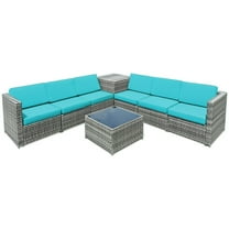 Spaco 8 Pieces PE Wicker Sofa Set with Back and Seat Cushion, Rattan Dining Furniture Set with Storage Table, Patio Furniture for Outdoor, Turquoise