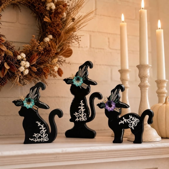 Set of 3 Wooden Halloween Figurines, Pumpkin Ghost Black Cat Tabletop Decor, Hand-Painted Home Party Ornaments for Mantel Shelf Display