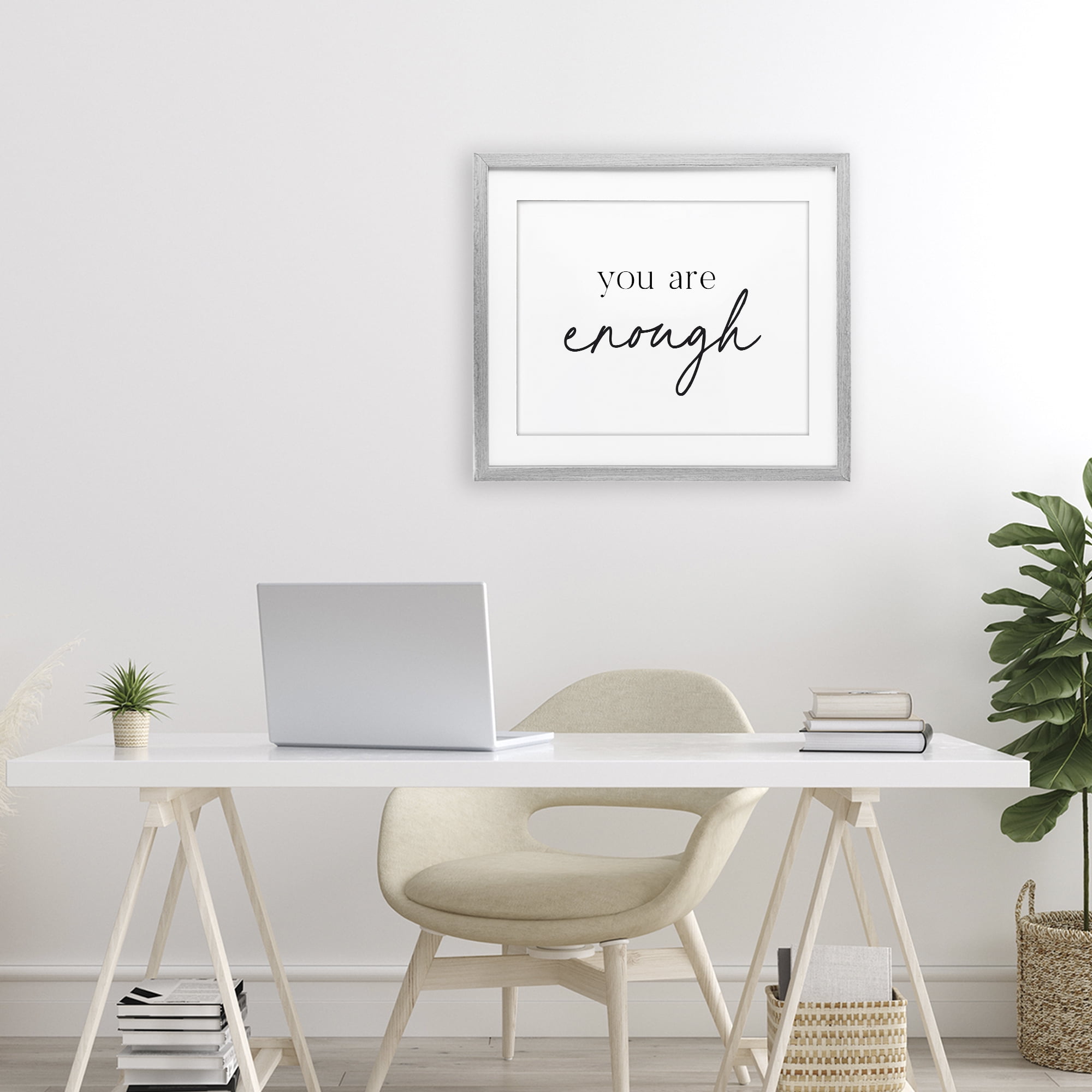 You Are Enough Sentiment Gray Framed Print Under Glass, design by Lettered and Lined